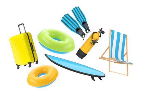 Colorful beach vacation objects including suitcase, fins, inflatable rings,.. Stock Illustration