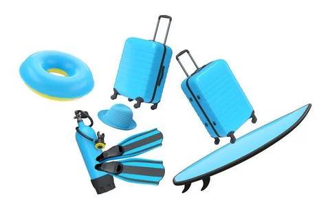 Colorful beach vacation objects including suitcase, fins, inflatable rings, s Stock-Illustration