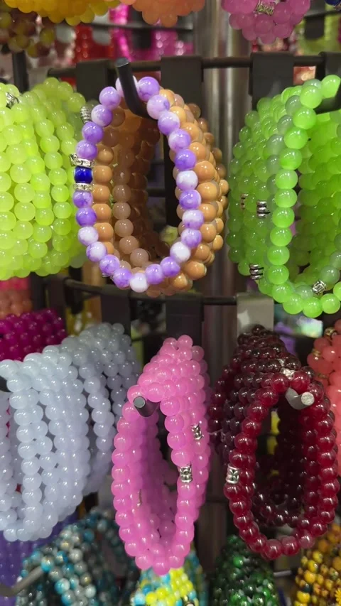 Colorful Beaded Bracelets Displayed On Rack Inside Accessories Store Shop Stock Footage 344977650
