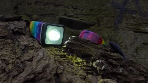 A colorful bicycle light is lying on the trunk and blinking. The film was mad Stock Footage 151960843