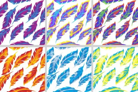 Colorful bird feathers seamless pattern set. doodle style. Feather endless .. Stock Illustration