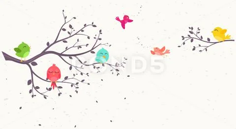 Colorful Birds on branches background Stock Illustration
