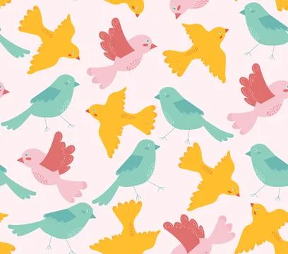 Colorful birds drawing seamless pattern in swatches. Flying birds on pink b.. Stock Illustration