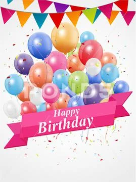 Colorful Birthday celebration banner with balloons and confetti Stock Illustration