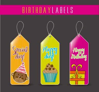 Colorful birthday labels with cute elements. vector illustration Stock Illustration