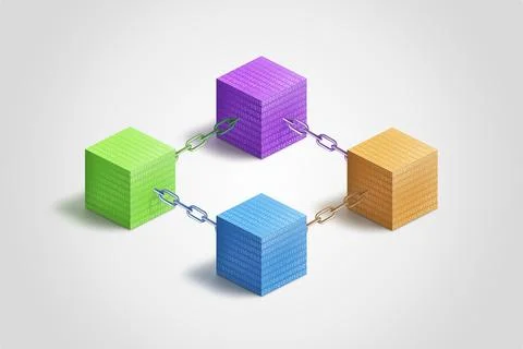 Colorful blockchain cubes interconnected by chains, adorned with binary code Stock Photos