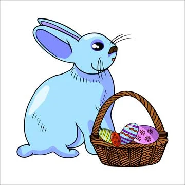 Colorful blue Easter bunny with Easter basket with hand drawn eggs Stock Illustration