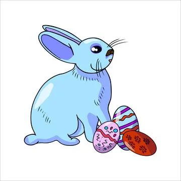 Colorful blue Easter bunny with hand painted colorful Easter eggs Stock Illustration