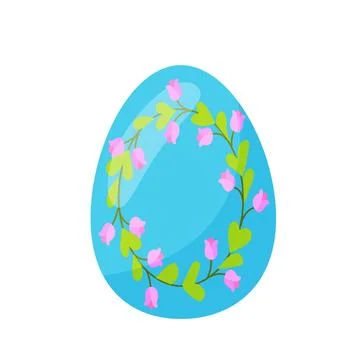 Colorful blue Easter egg, with green leaves, and flowers. hand drawn. vector Stock Illustration