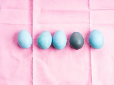 Colorful blue easter eggs in line on pink Stock Photos