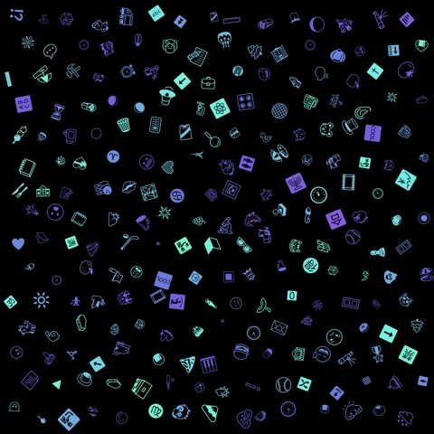 Colorful Blue Green Icons Pattern, Doodle Symbols Drifting on Black Background Stock Footage 331546004