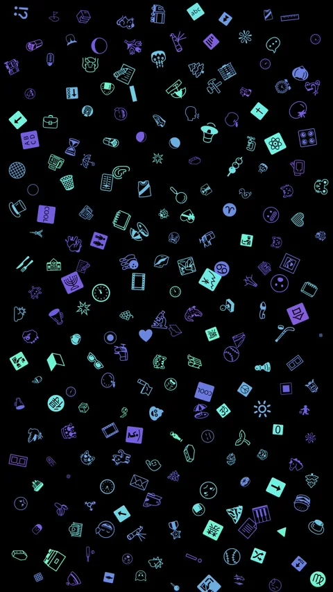 Colorful Blue Green Icons Pattern, Doodle Symbols Drifting on Black Background Stock Footage 331546006
