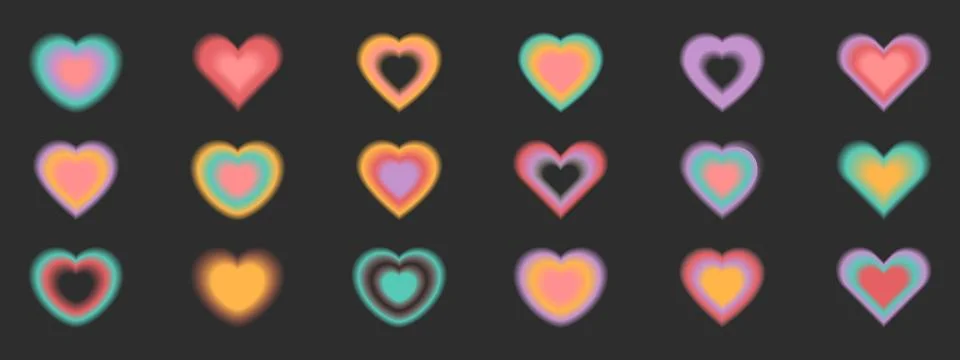 Colorful blurred gradient elements set. Hearts in trendy retro y2k style. Vec Stock Illustration
