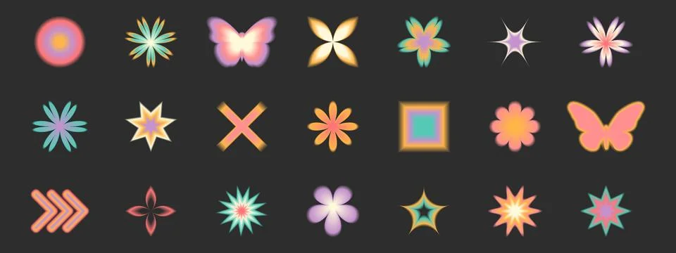 Colorful blurred gradient elements set. Heart, daisy, butterfly, star, flower 스톡 일러스트