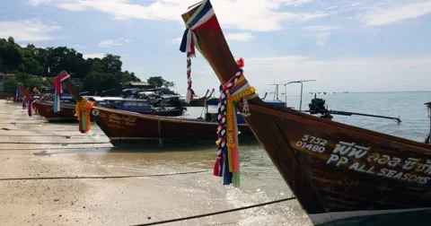 Colorful boats Phi Phi island Thailand with sashes Stock Footage 58976868