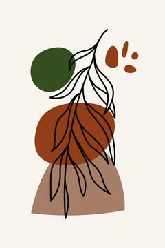 Colorful Boho Botanical Leaf Illustration with Rust and Green Shapes Stock Illustration
