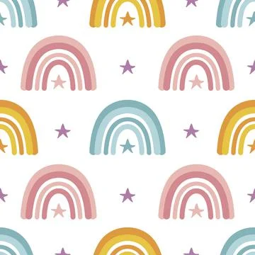 Colorful Boho rainbows seamless pattern on white background 스톡 일러스트