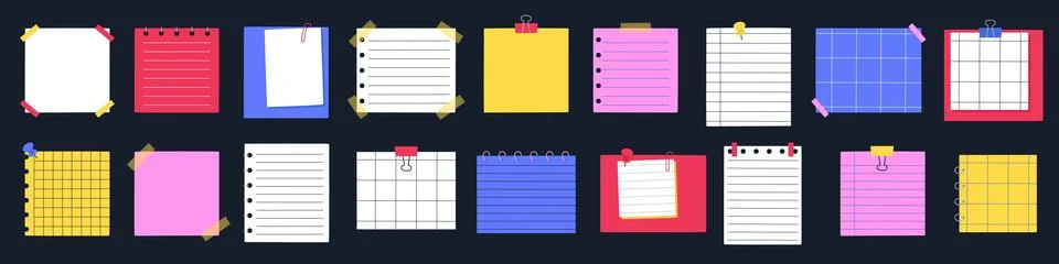 Colorful bold sticky note memo pad set with lined grid blank paper on dark .. Stock Illustration