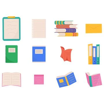 Colorful books set. Books in a stack, open, in a group, closed. Learn and stu Illustrazione stock