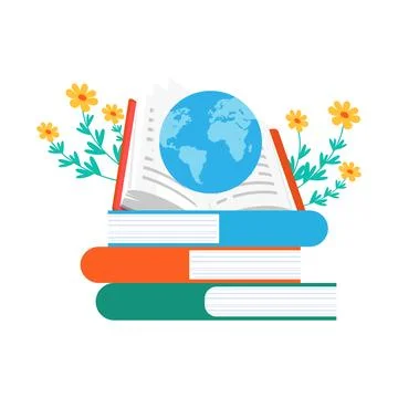 Colorful Books Stack with Open Book and Blue Globe for World Book Day Stock Illustration