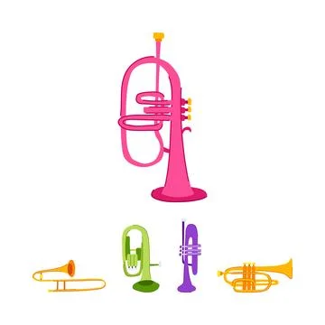 Colorful brass musical instruments flat cartoons background Stock Illustration