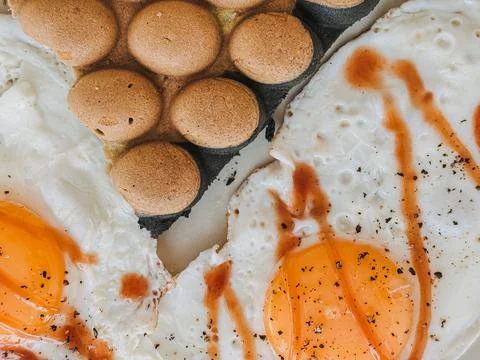 Colorful breakfast set of waffles fried eggs and pineapple. Stock-Fotos