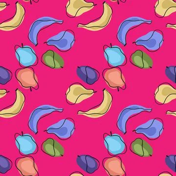 Colorful bright seamless pattern with doodle fruit ornament: banana, apple, p イラスト素材