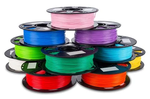 Colorful bright stack pile of spool 3d printer filament Foto stock