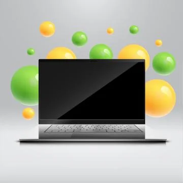 Colorful bubbles floating around a realistic computer/laptop for business, ve Stock Illustration