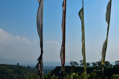 Colorful Buddhist prayer flags with mantras written on it flying with blue sk 库存照片
