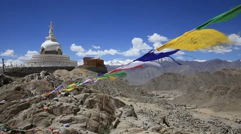 Colorful Buddhist prayer flags at temple in the Shanti Stupa. Leh, Ladakh, India Stock Footage 51536155
