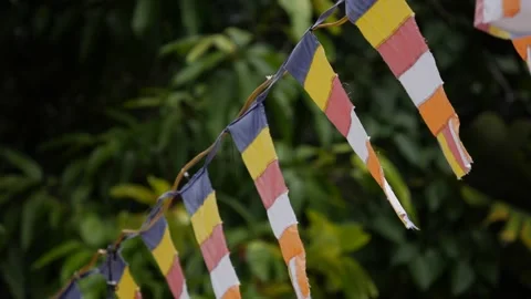 Colorful buddhist prayer flags wave in the wind against a soft green background. Stock Footage 342122788