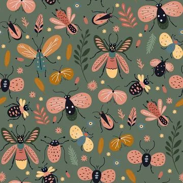 Colorful bug beetle moth and butterfly vector seamless pattern. Floral flower Stock Illustration
