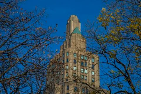 Colorful building between two trees without leaves in winter Foto stock