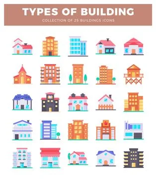 Colorful building icons arrayed on a white background Ilustración de archivo