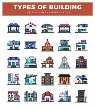 Colorful building icons in flat design style. showcasing various architectu.. Ilustración de archivo