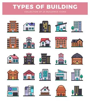 Colorful building icons. presented in a grid format on a white background w.. Ilustración de archivo