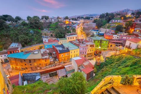Colorful buildings of the UNESCO World Heritage city of Valparaiso in Chile Stock Photos