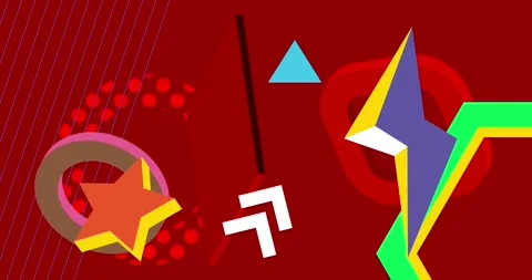 Colorful busy geometric elements on red background Stock Footage 250434091