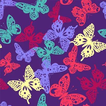 Colorful butterfly pattern on violet background. Illustrazione stock