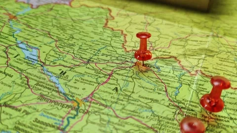 Colorful button nails on map of Ukraine. Strategy plan close up Stock Footage 227390794