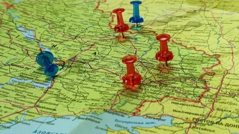 Colorful button nails on map of Ukraine. Strategy plan close up Stock Footage 227396988
