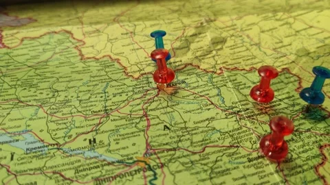 Colorful button nails on map of Ukraine. Strategy plan close up Stock Footage 227675775