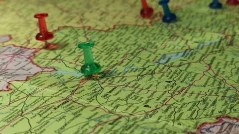 Colorful button nails on map of Ukraine. Strategy plan close up Stock Footage 227680639