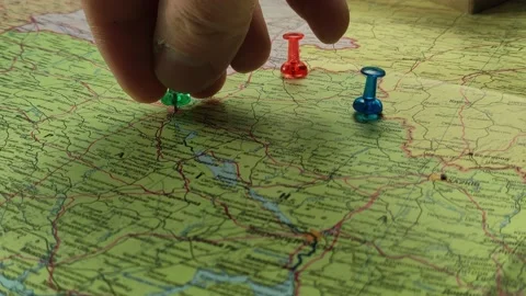 Colorful button nails on map of Ukraine. Strategy plan close up Stock Footage 227686546