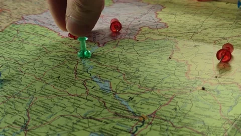 Colorful button nails on map of Ukraine. Strategy plan close up Stock Footage 227690791