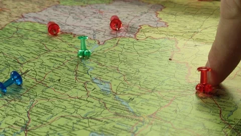 Colorful button nails on map of Ukraine. Strategy plan close up Stock Footage 228287786