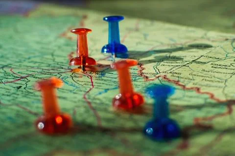 Colorful button nails on map of Ukraine. Strategy plan close up Foto stock