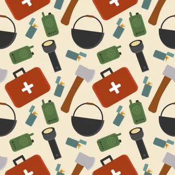 Colorful camping pattern with objects on the beige background Stock Illustration