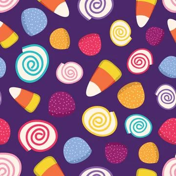 Colorful Candies seamless pattern design, purple background Stock Illustration